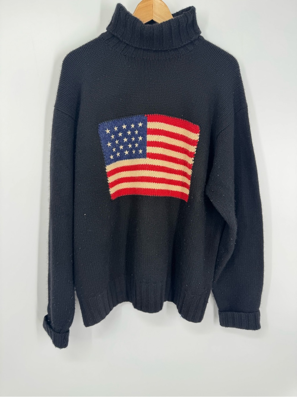 VTG Ralph Lauren Polo American Flag Turtle Neck Sweater Knit Cashmere Wool XL